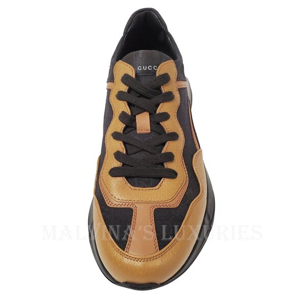 GUCCI SNEAKERS MENS RHYTON BLACK GG SUPREME BROWN LEATHER SHOES sz 8 8.5 - Picture 7 of 16